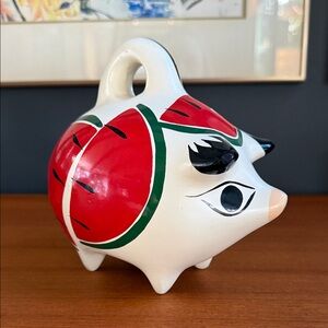 Vintage hand painted ceramic Mexican piggy bank with handle